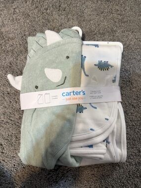 Carter's Sage Green and White Dinosaur Hooded Towel & Washcloth Set